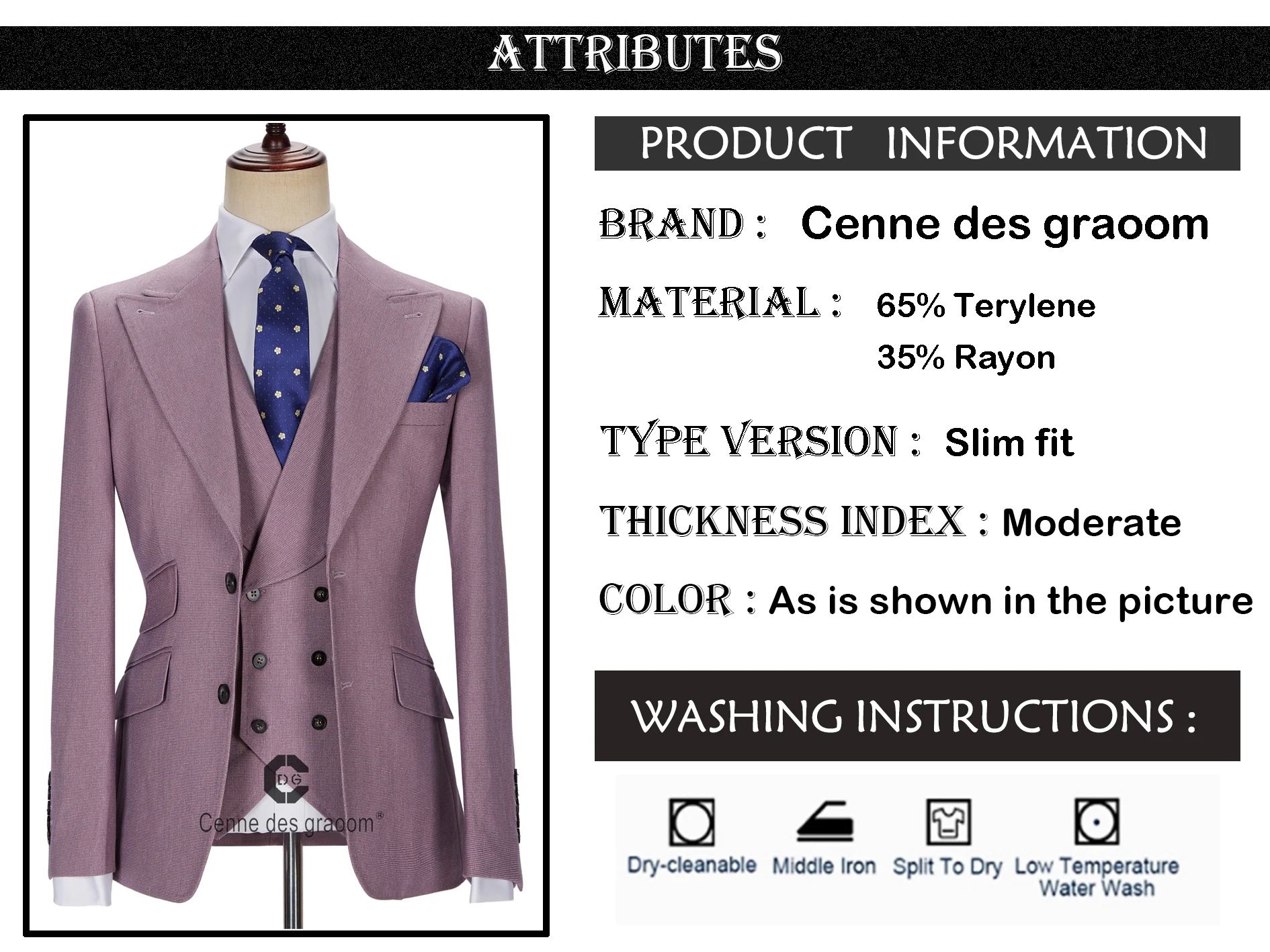 Description Picture 2 of item( Jacket + Vest + Pants ) Cenne Des Graoom New Men Suits Tailor-Made Costume Homme Casual Business Formal Wedding Groom Pink