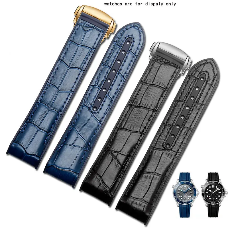 

TKN Leather +Silicone watch strap black blue brown bracelet male's sport wristband replacement belt for Omega Ocean 9900 8900