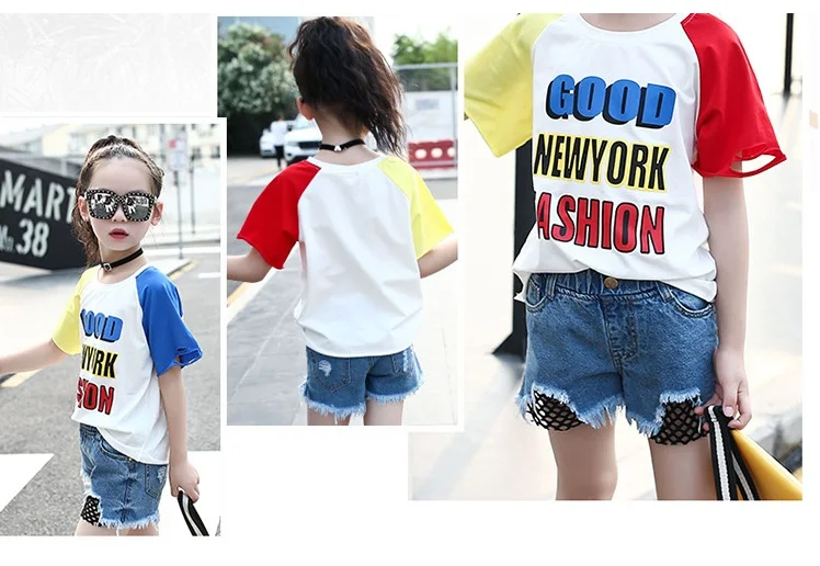Girls Letter Print T Shirt Children Short Sleeve Patchwork Summer Tops Fashion Teenagers Casual Loose Shirts 3-12T AA51795