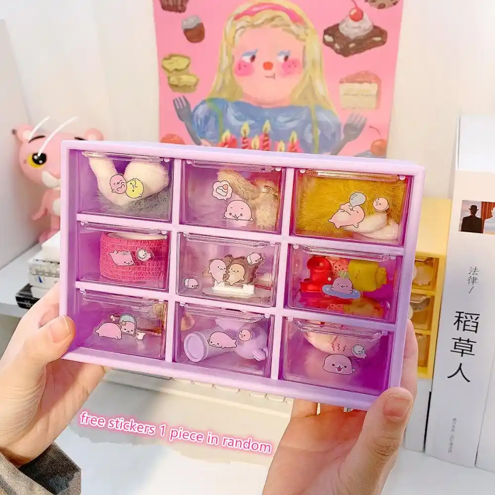 Minkysミンキーモモ新到着かわいいパープル イエロー9グリッドデスクトップオーガナイザーデスク収納ボックス1pc無料ステッカーギフト文房具 文房具 ホルダー Aliexpress