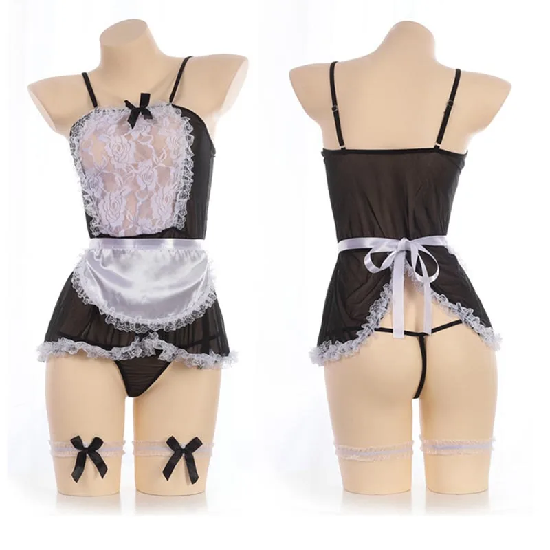 

Women Sexy Sheer Floral Lace French Maid Uniform Lingerie Set 7 Parts Set Babydoll Cosplay Costume Plus Size XXXL