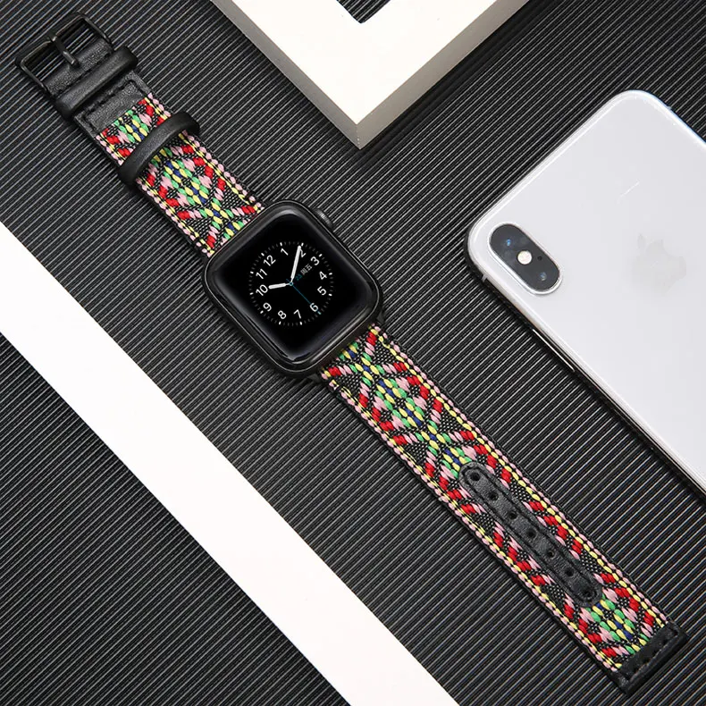 National Wind Fabric+Genuine Leather strap for apple watch band 42mm 38mm 44mm 40mm iwatch series 5/4/3/2/1 bracelet Accessories