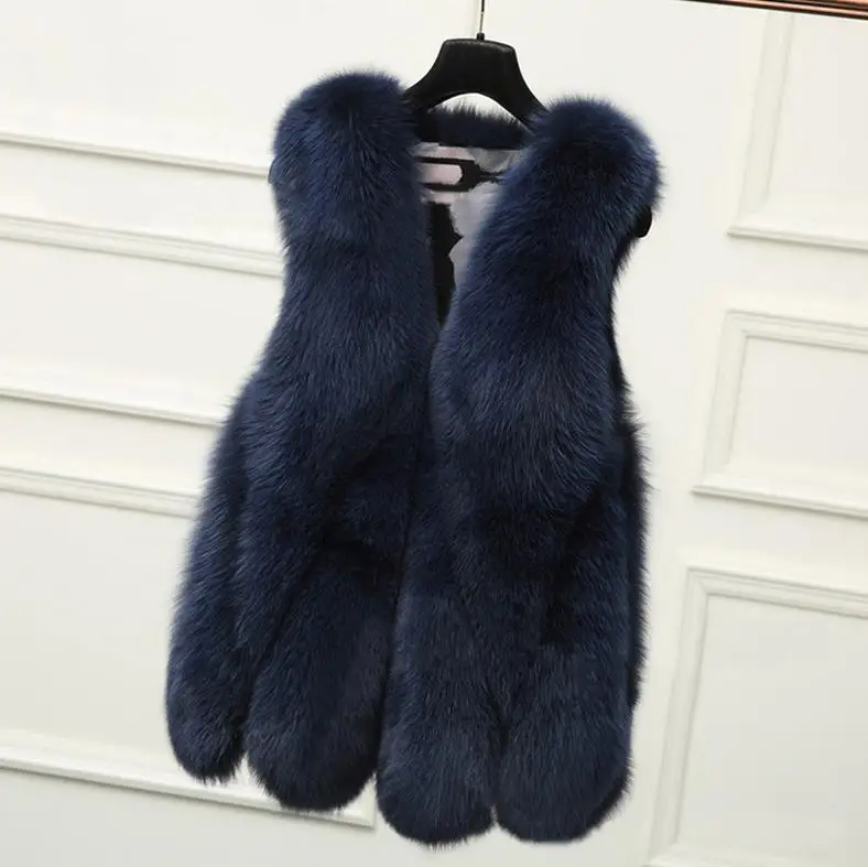 Womens New Autumn And Winter Faux Fur Vest Plus Size Slim Fit Fake Fur Waistcoats Female Fashion Long Artificial Fur Vests D538 - Цвет: Dark Blue