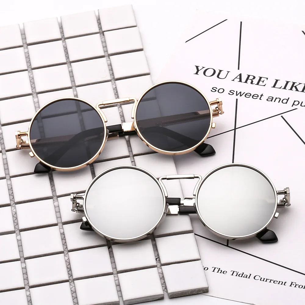 

2019 Women Men Round Steampunk Sunglasses Reflective Mirror Sun Glasses Spring Leg Metal Eyewear Retro Vintage UV400 Shades