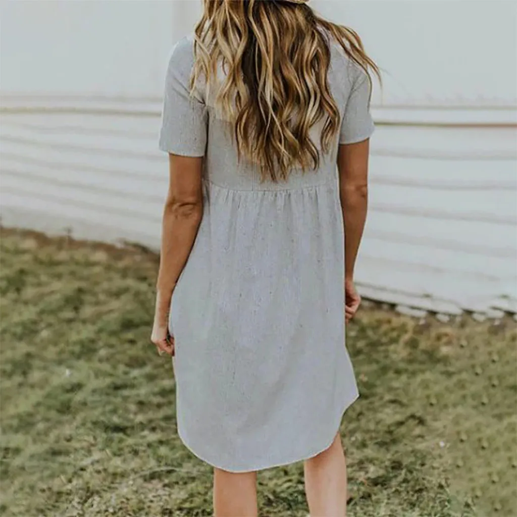 Dress Summer Women Sexy Elegant Fashion WoMen V-Neck Vertical Strip Short-Sleeved Pattern Loose Pocket Dress Vestito Donna