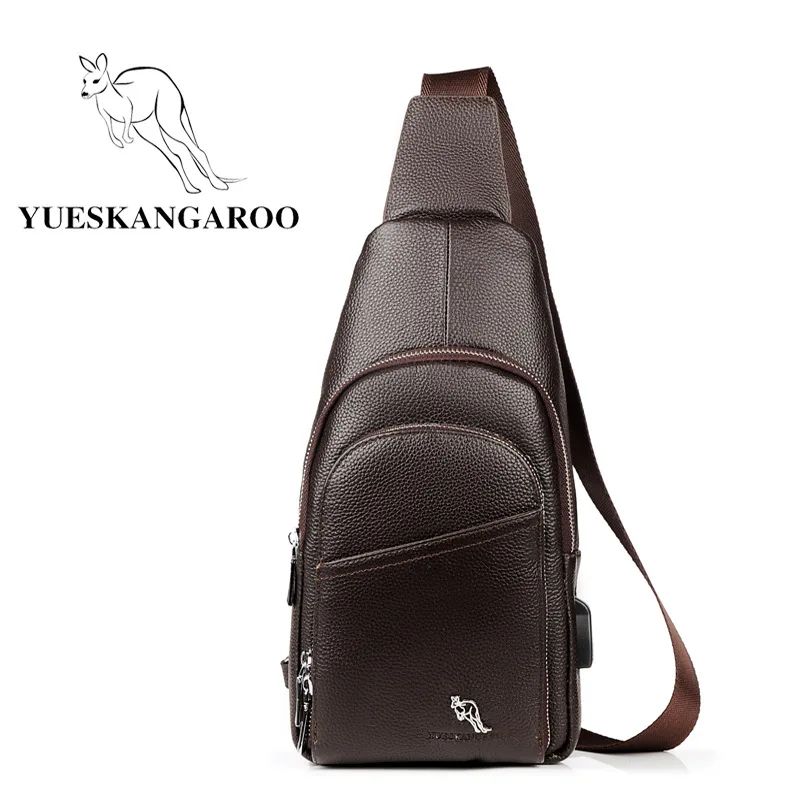 YUESKANGAROO, внешняя USB зарядка, мужские нагрудные сумки, кожаная нагрудная сумка, сумки через плечо для мужчин, повседневные дорожные сумки через плечо