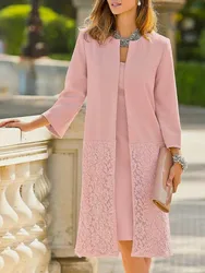 Pink Two Pieces Mother of the Bride Dress 2022 Plus Size Elegant Wedding Party Gown Knee Length Lace Satin Robe De Soriee