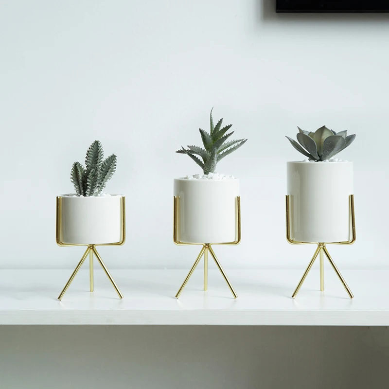

Set of 3pcs Ceramic Flower Planters with Iron Shelf Succulent Plant Pot Home Garden Decorative Flower Vase without plants