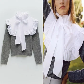 

2020 Za Long Sleeve Knit Blouse Women Fashion High Collar Bow Tied Ruffle Shirts Woman Front Button Combination Knitted Top
