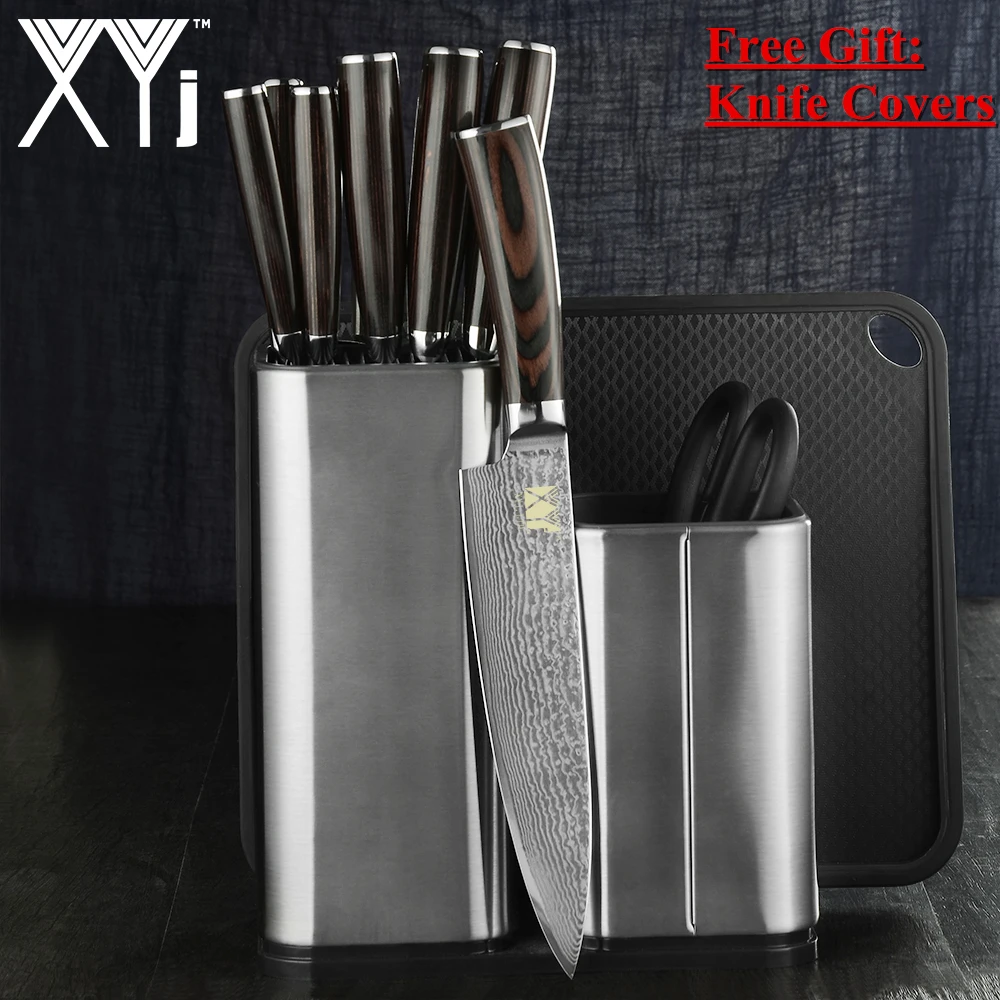 

XYj Damascus Steel Kitchen Knives Set Tool Free Cover VG10 Sharp Blade Color Wood Handle Cooking Accessory