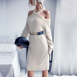 Vestido elegante para mujer, Jersey de punto de Color puro, vestido informal de manga larga con hombros descubiertos para fiesta, primavera y otoño