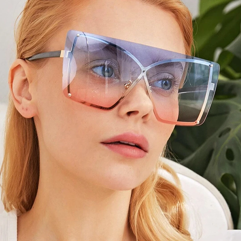 Gafas de sol cuadradas sin montura para mujer, de sol femeninos de gran tamaño, la moda, marca de lujo, sin marco, metálicas, planas, 2021|Gafas de sol para mujer| -