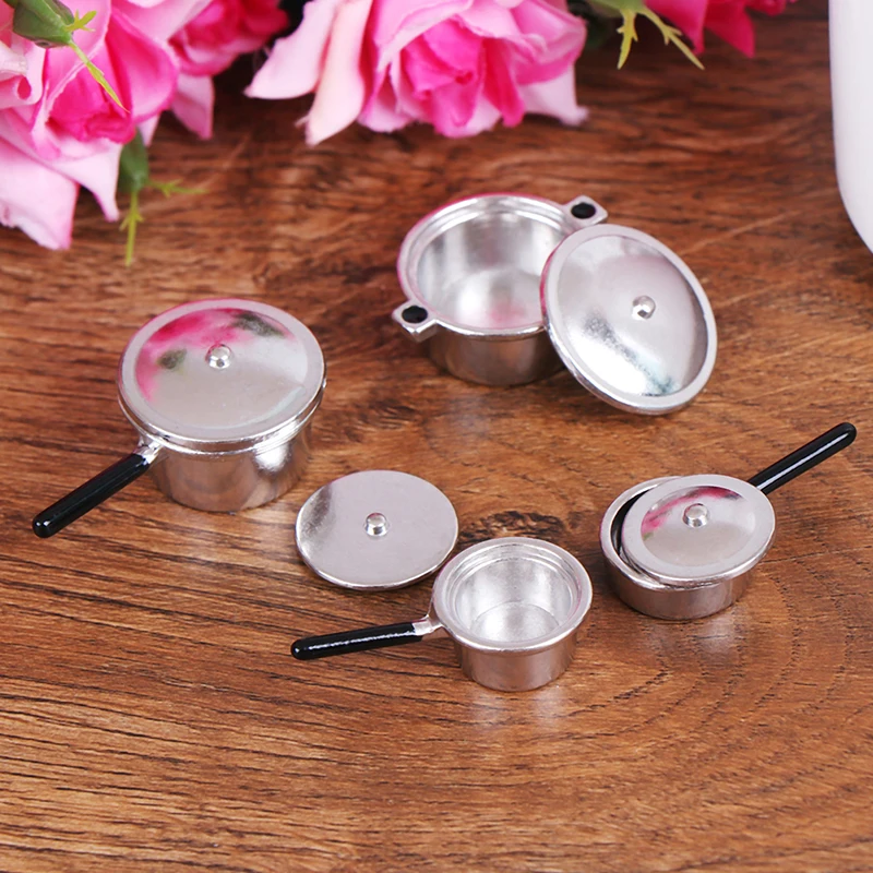 

4Pcs 1:12 Mini Metal pots and pans Mini Simulation Kitchen Decoration Miniature Silver Soup Pan Dollhouse Miniature Accessories
