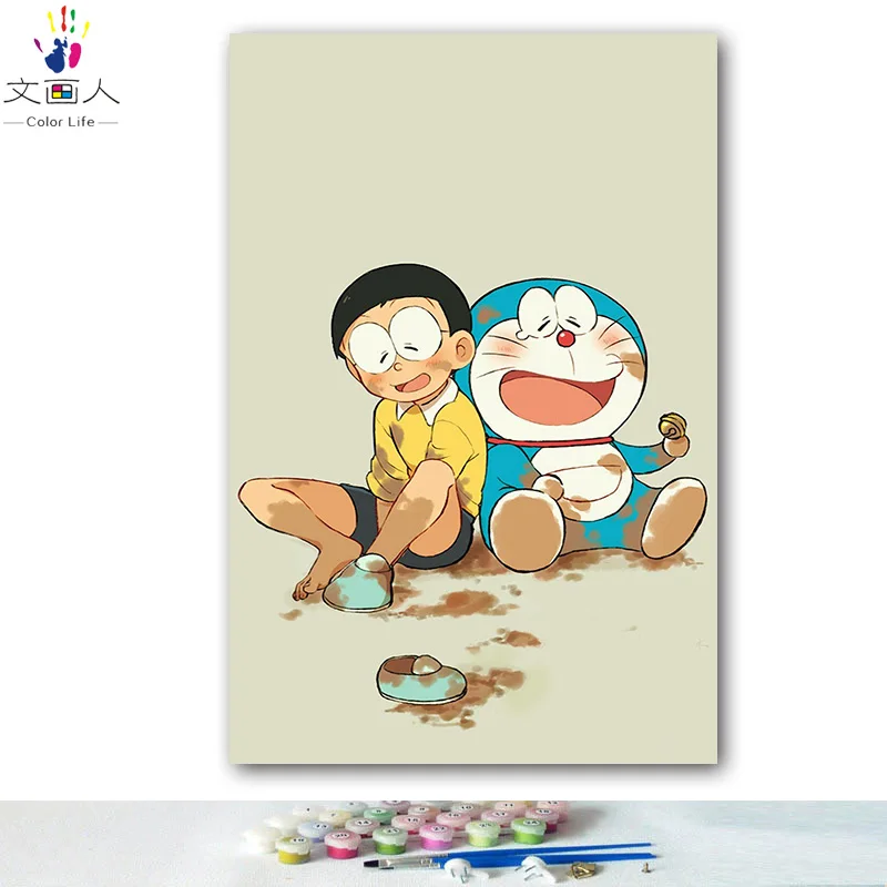 DIY картинки для раскраски по номерам с цветами Doraemon большой медведь робот кошка картина Рисование Живопись по номерам в рамке дома