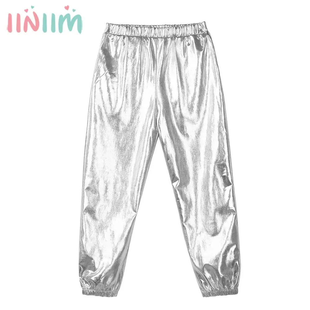 Kids Girls Fashion Party Clothes Glossy Metallic Elastic High Waist Dance Pants Hip Hop Trousers Streetwear Dancewear Sweatpant girls pants girls trousers kids pants