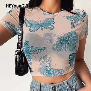 

HEYounGIRL Butterfly Print Sexy Mesh Cropped Tshirt Women Summer Short Sleeve Transparent T-shirt Ladies Fashion Tees Streetwear