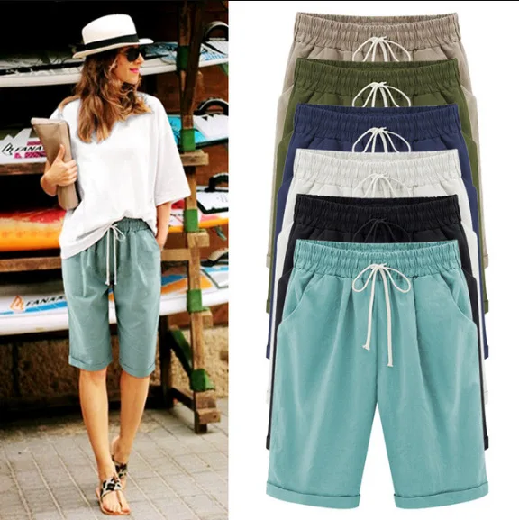 

Oversized Women Summer Cotton Linen Shorts Casual Ladies Drawstring Elastic Loose Short Trousers Plus Size S-6XL