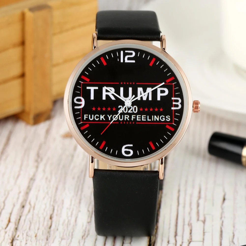 

Unique Trump 2020Pattern Black Dial Quartz Analog Wristwatch Women Durable Leather Strap Watch Arabic Numerals Round Dial