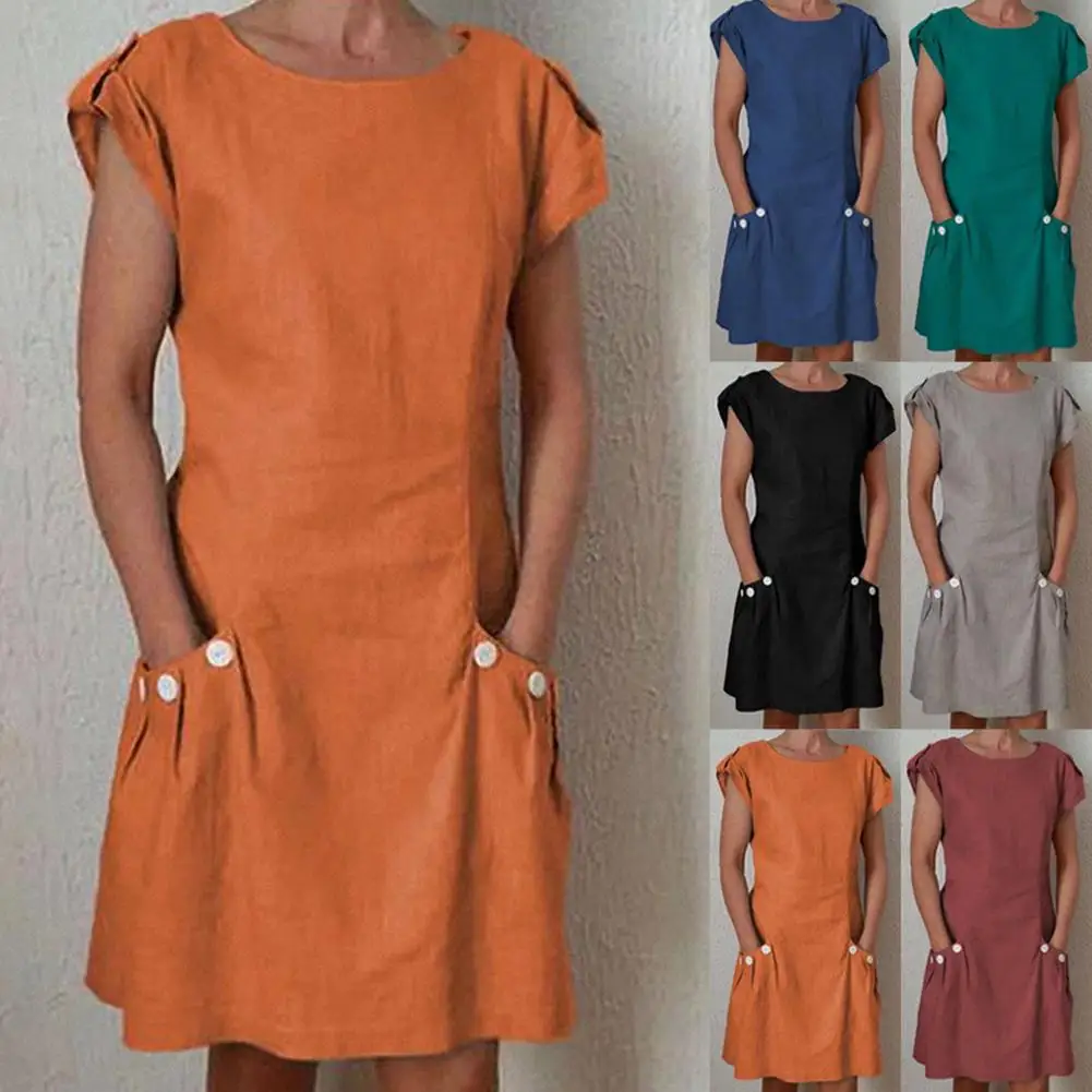 New Women Summer Casual Solid Color Round Neck Button Pockets Short Sleeve Midi Dress Cotton + Spandex Women's Size S-5XL | Женская