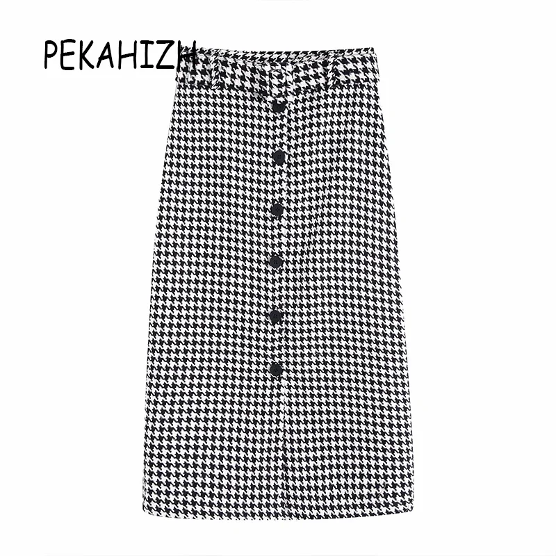 Осень-зима, винтажная, шикарная, базовая, Хаундстут, с поясом, юбка миди, для женщин, модная, сетка, для офиса, для девушек, юбки, Faldas Mujer
