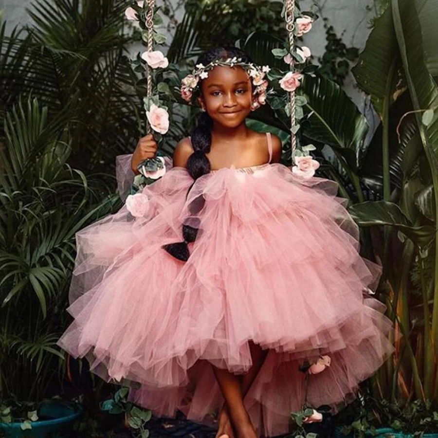 Baby Pink Puffy Tutu Flower Pageant Dresses For Girls Tiered Ruffles Backless First Communion Dresses For Girls To Wedding