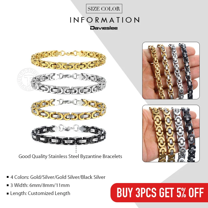 Davieslee Byzantine Chain Bracelet for Men Gold Black Silver Color Stainless Steel Mens Bracelets Jewelry 6/8/11mm LKBM31 chain bracelet stainless steel bracelets stainless steel jewelry