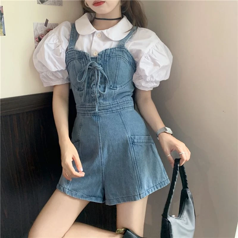 

Sweet Women New Short Denim Jumpsuit Romper Women Spring Summer Overalls Female Casual All-Match Short Playsuit Korean Japanese