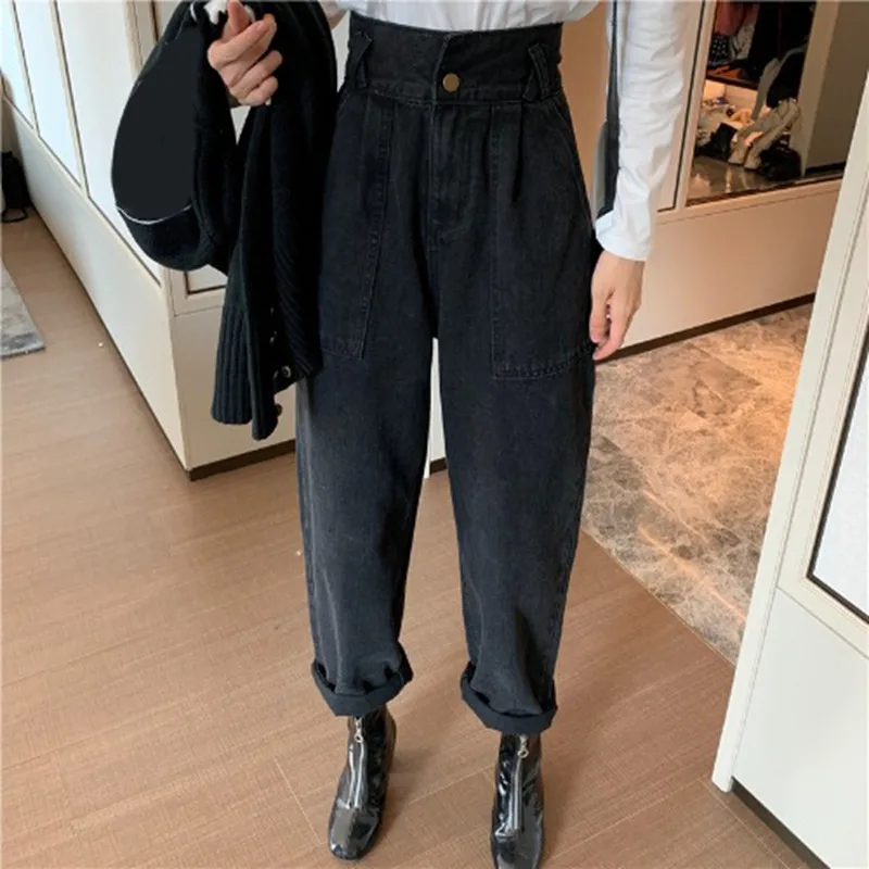 RealShe джинсы для женщин с высокой талией, карманами и пуговицами, однотонные штаны-шаровары для женщин на осень и весну, повседневные уличные брюки для женщин