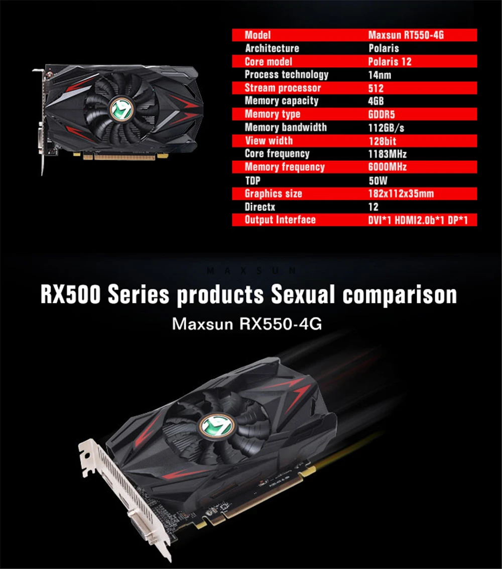 Графическая карта MAXSUN rx 550 трансформаторы 4G AMD GDDR5 128bit 1183 МГц 6000 МГц 14nm HDMI+ DP+ DVI PWM 50 Вт 512 единиц rx550 видеокарта