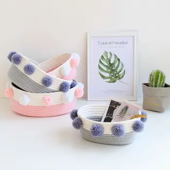 

Rope Woven Storage Basket Plant Garden Hanging Baskets Wool Felt Ball Desktop Sundries Basket Home Storage