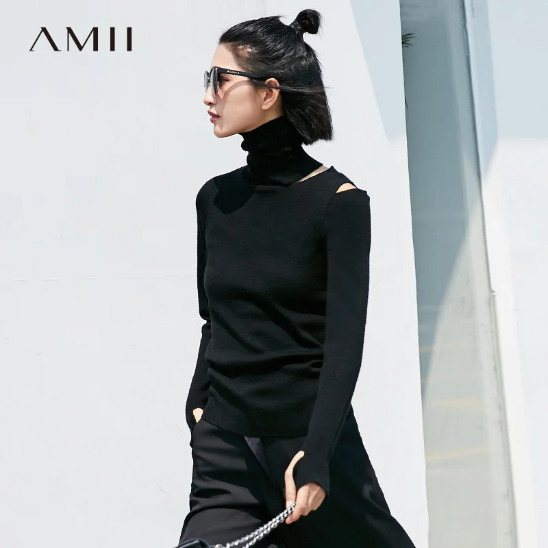 

Amii Minimalist Knit Pullover Sweater Winter Women Solid Hollow Female Slim Turuleneck Sweater 11727566