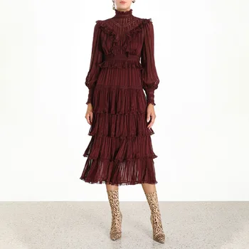 

2019 Autumn Winter Vintage Party Dress Women Ruffled Collar Puff Sleeve Lace Trims Patchwork High Waist Layer Cake Long Dress