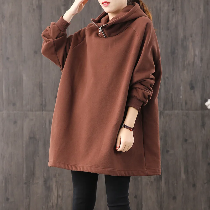 Зимние толстовки женские ретро большие размеры Свободные Толстые флисовые пуловеры Новые Топы с капюшоном повседневные универсальные толстовки - Цвет: Coffee color