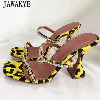 

JAWAKYE High heels Crystal Women Sandals Brand Triangle Block Heel Mules Slippers Sexy Leopard Slip On Party Shoes Summer Slides