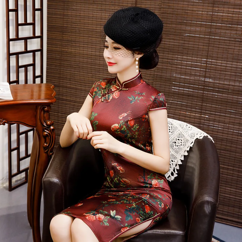 Китайский Стиль вечернее платье, пикантное элегантное леди тонкий Cheongsam Винтаж принт из сатина с украшениями в виде цветов Qipao Размеры M-4XL