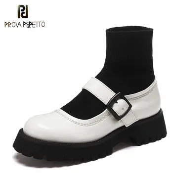 

Prova Perfetto Fashion Cowhide Plus Stretch Leather Velvet Botas Mujer Sweet Thick Bottom Buckle Spring And Autumn Short Boots
