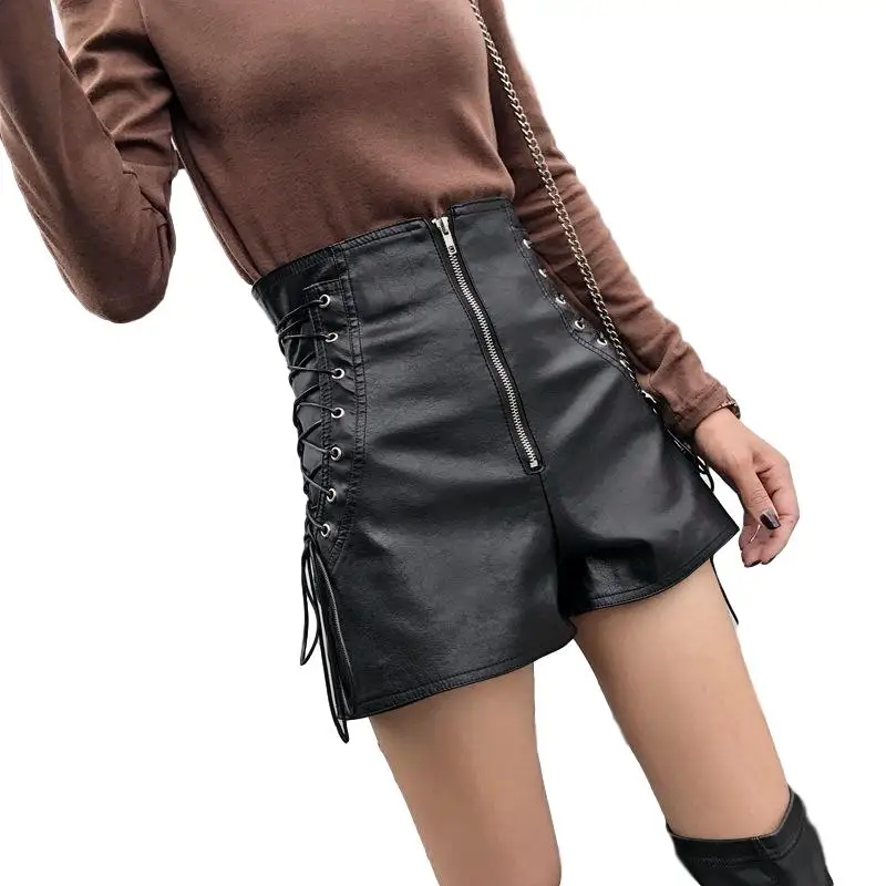 

Шорты Idopy женские из экокожи, модные мотоциклетные приталенные Короткие штаны с широкими штанинами и боковой шнуровкой, на молнии, в стиле стимпанк
