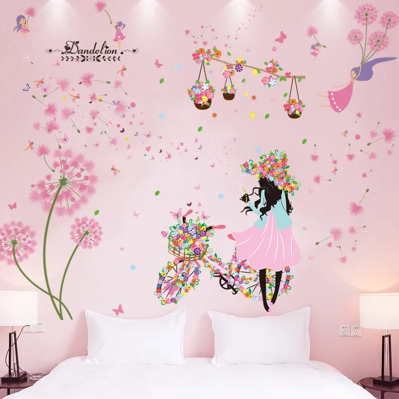 

[shijuekongjian] Fairy Girl Bike Wall Stickers DIY Butterflies Flowers Wall Decals for House Kids Room Baby Bedroom Decoration