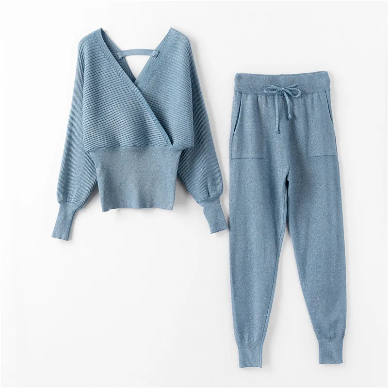 Sky blue Женский зимний комплект из двух предметов, вязаный теплый костюм, свитер с v-образным вырезом+ длинные штаны, вязаный комплект из 2 предметов, спортивный костюм, спортивные костюмы, комплекты одежды - Цвет: Sky blue