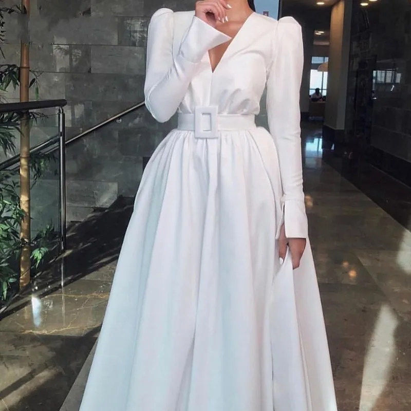 

Vestidos De Feast New V Neck Long Sleeve White Evening Dresses 2021 Taffeta Muslim Prom Party Gowns abiti da cerimonia sera