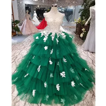 

BGW 2253ht New Design Fairy Green Evening Dress High Neck Sleeveless Sexy Open Back 3D Flower Cake Style Party Dress More Layer