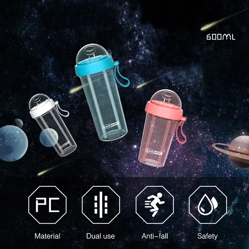 Sport Water Bottle 600/420ml Portable Dual Straw Separate Drink Water Bottle Couples Sport Cup
