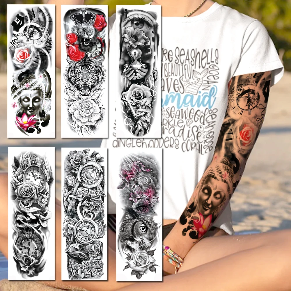 Buddha Lotus Long Size Temporary Tattoos Sticker For Women Men Fake Black Clock Lion Rose Eyes Full Legs Arm Sleeve Tatoos Decal | Красота и