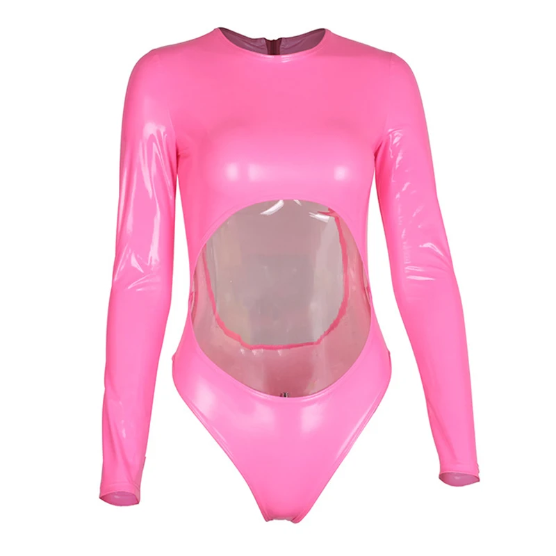 In-X сексуальный розовый купальний костюм из ПУ, цельный бикини с длинным рукавом, тонкий купальник с вырезом, женский купальник, женский боди, цельный костюм