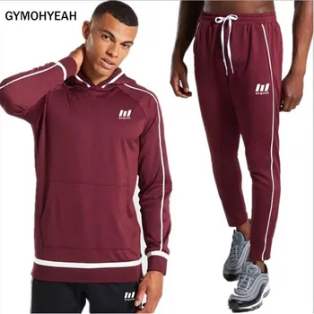 

GYMOHYEAH 2019 Autumn Casual 2 Piece Set Men Sweatsuit Pure Color Pockets Hooded Hoodies + Tracksuit Male Sporting Suits