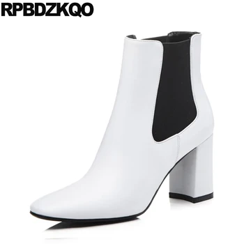 

block designer shoes women luxury 2019 boots white high heel short chunky booties genuine leather square toe ankle chelsea fall