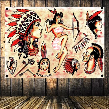 

Classic Tattoo Pattern Poster High Quality Print Art Canvas White Banner Four-hole Flag Tattoo Studio Background Wall Decor C3