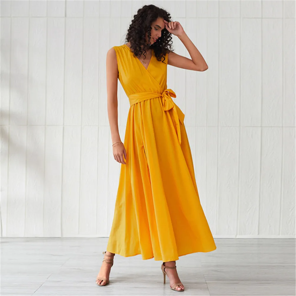 

Solid Color Fashion Slim Waist Big Swing Long Dress V-Neck A-Line Sleeveless High Split Maxi Dresses Women Summer Beach Dress