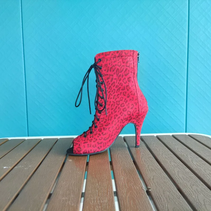 WomenLatinDanceBootsRedLeopardBachataSalsaDancingShoes10cm
