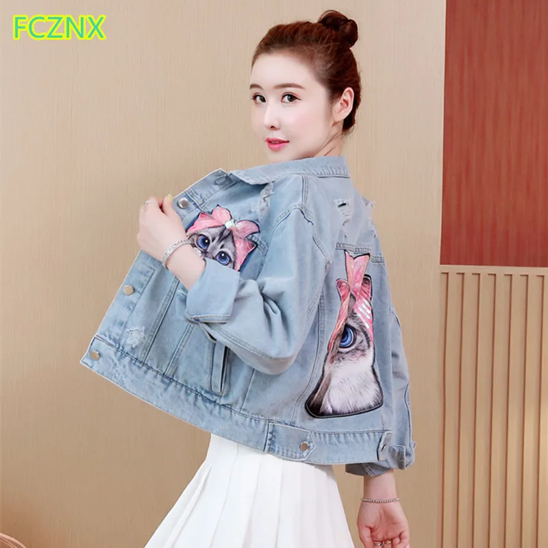  2019 women plus-size clothing long sleeve cat sequins hole denim coat short jacket Female fashion c
